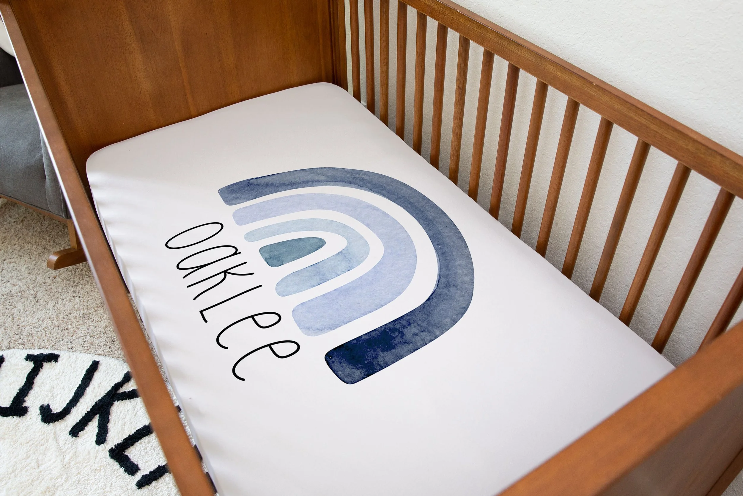 Blue Boho Rainbow Personalized Jersey Crib Sheet Alphadorable Custom nursery art and decor